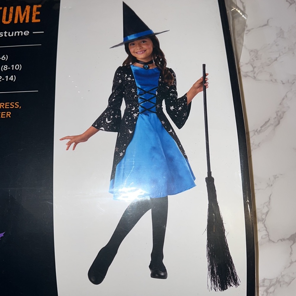 NWT Girls Black & Blue Witch 3pc Cosplay dress hat & choker set (4-6)